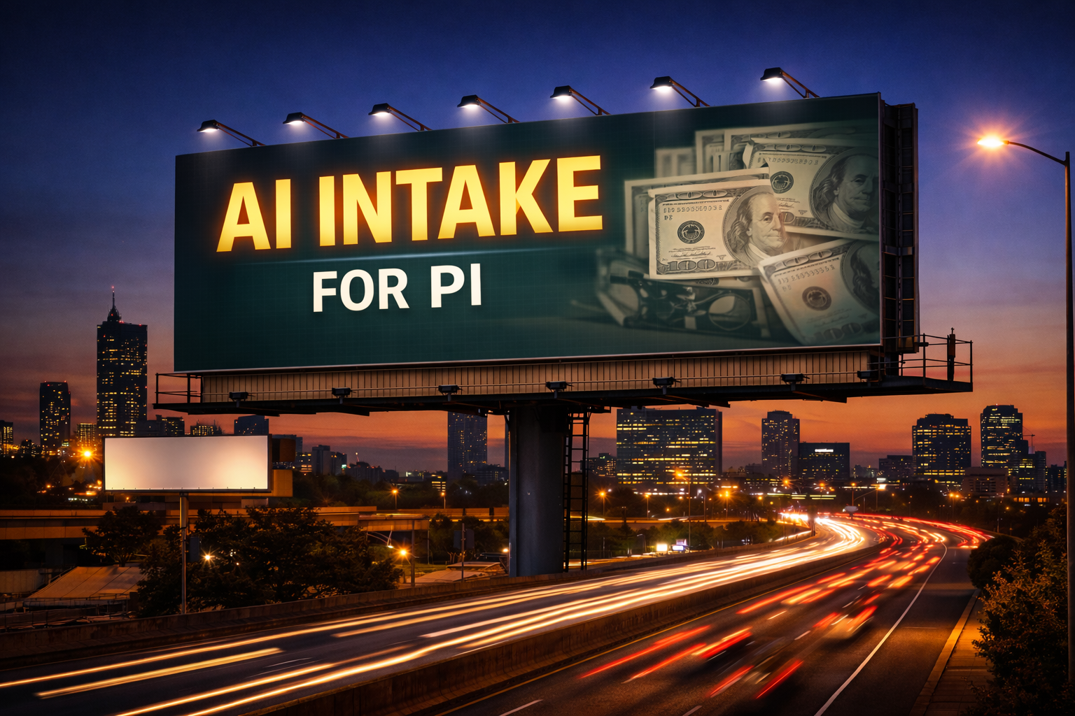 Billboard displaying AI Intake for PI with city skyline and highway at dusk