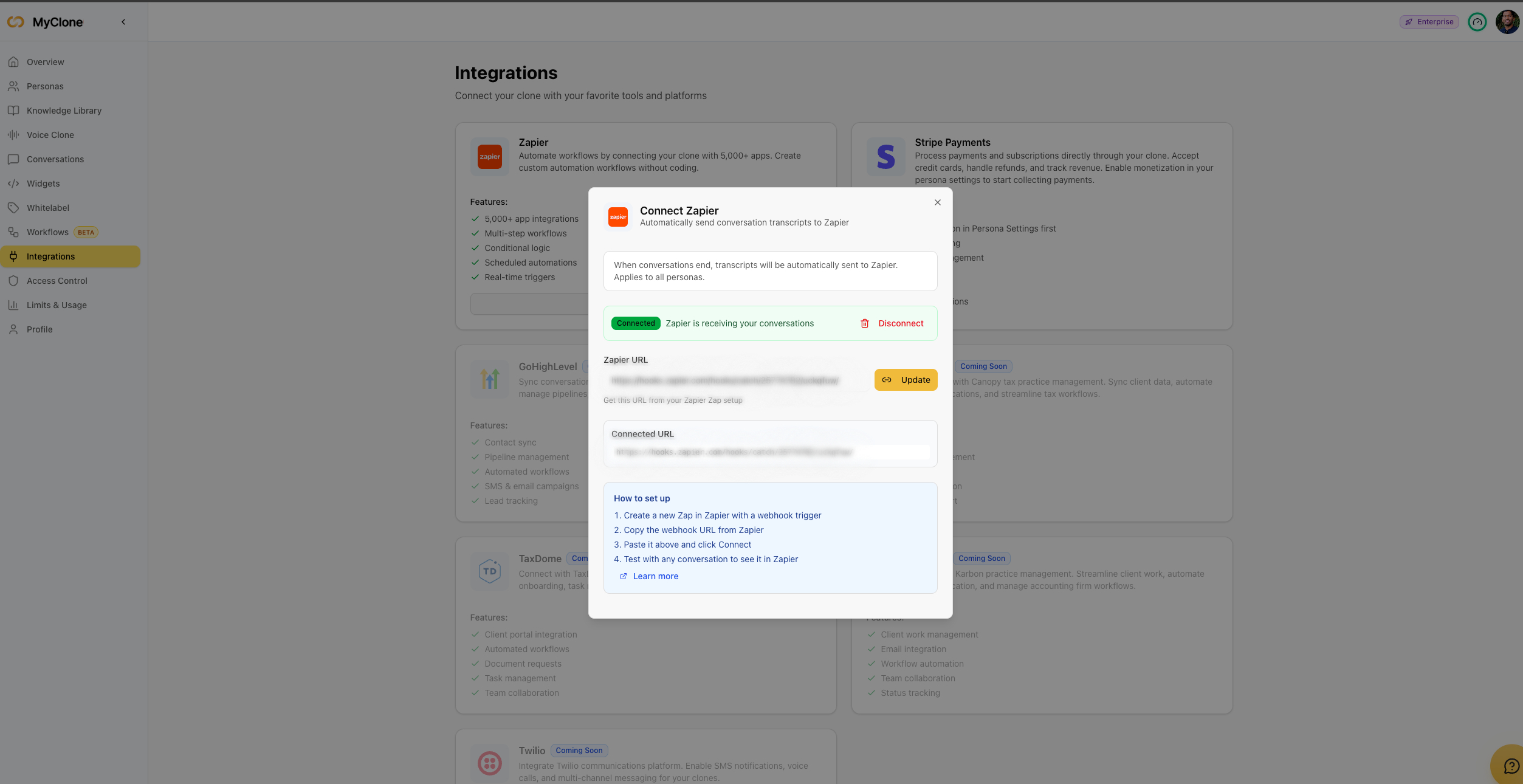 MyClone Integrations page showing the Connect Zapier dialog with a green Connected status badge and the webhook URL configured