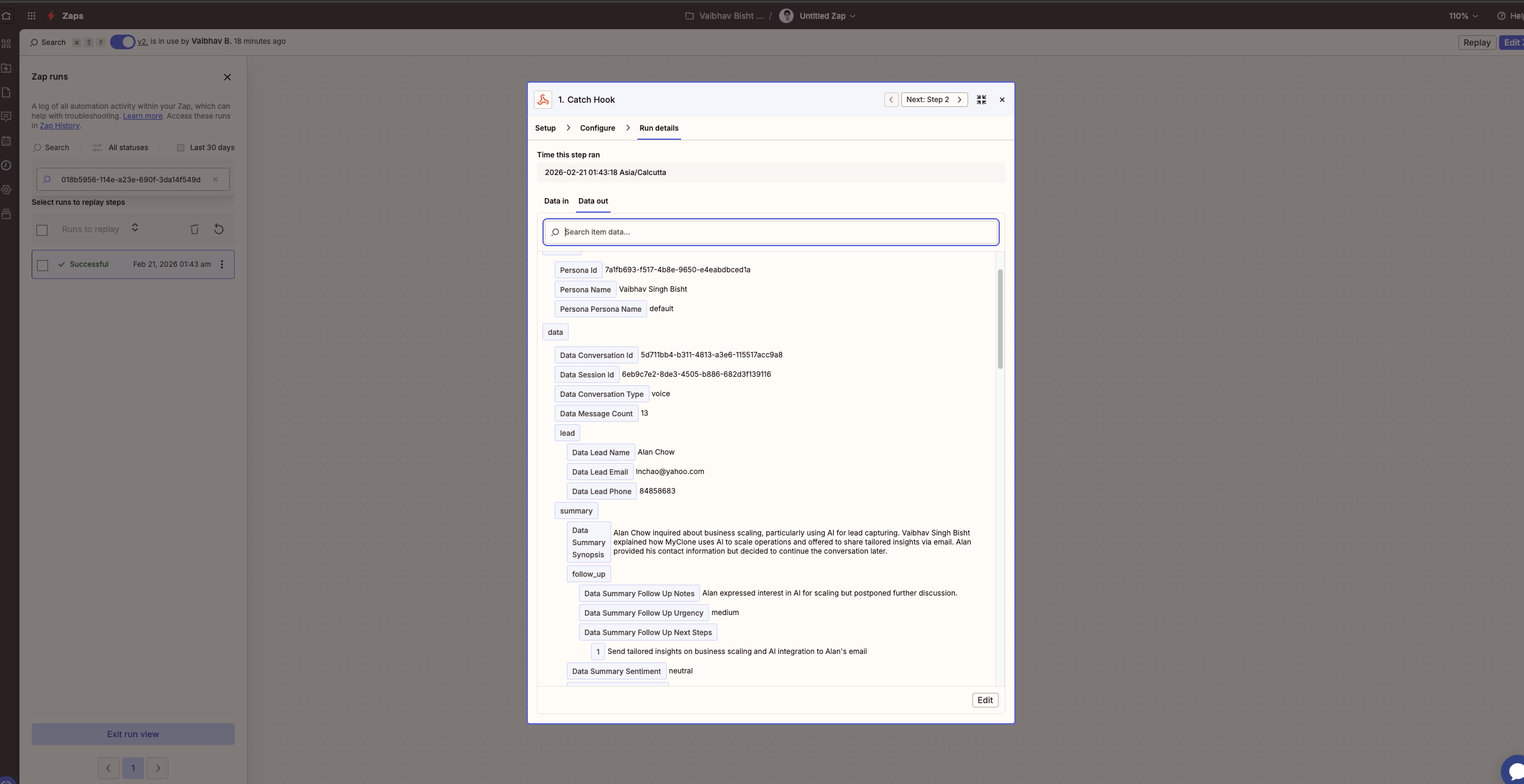 Zapier Catch Hook trigger showing the received webhook payload with persona details, conversation data, lead information, and AI-generated summary