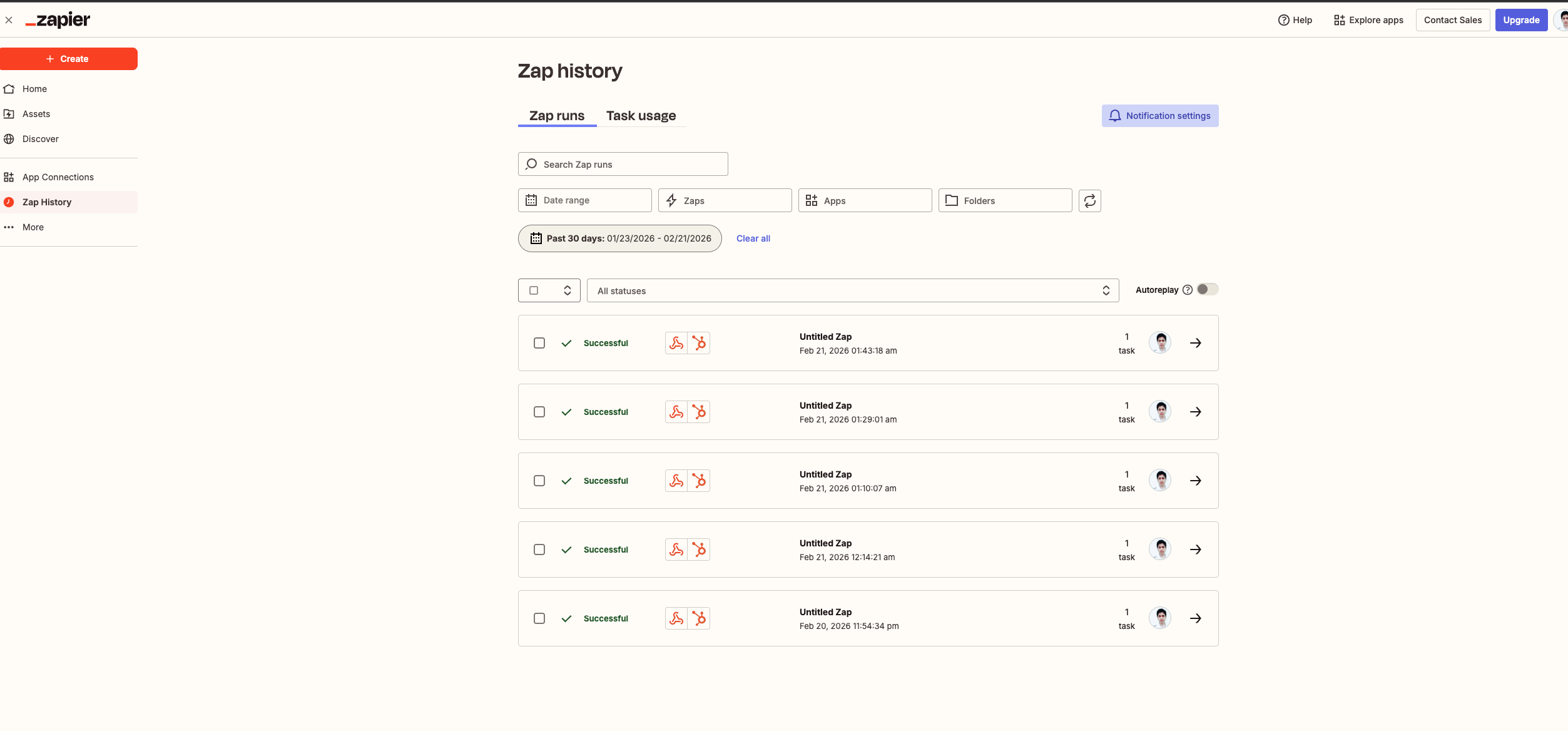 Zapier Zap History page showing multiple successful webhook runs from MyClone conversations